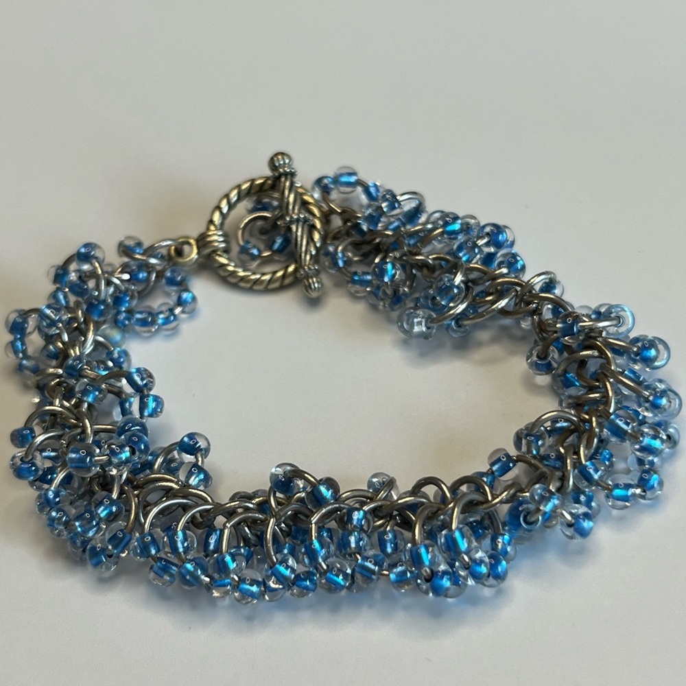 69 Silver and Blue Beaded Chainmaille Bracelet